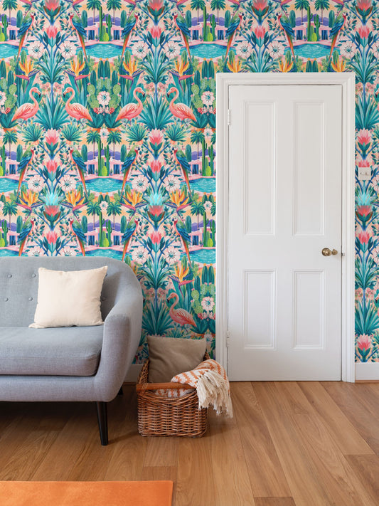 CALIFORNIA GARDEN - REPEAT PATTERN WALLPAPER - AQUA AND PINK