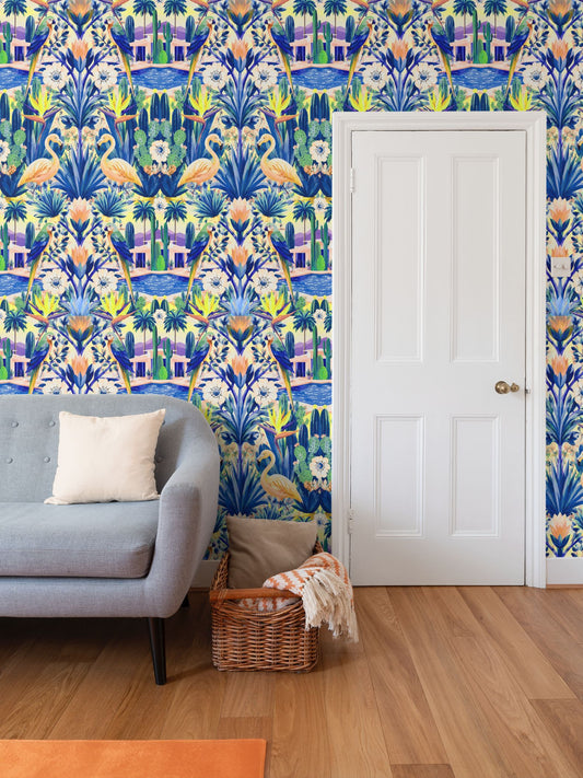 CALIFORNIA GARDEN - REPEAT PATTERN WALLPAPER - BLUE AND YELLOW