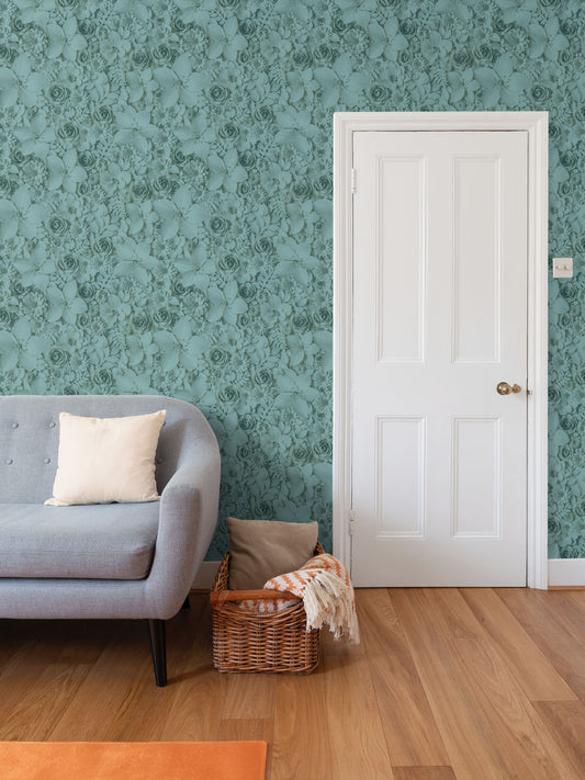 PAPER FLOWER GARDEN - REPEAT PATTERN WALLPAPER - TEAL TINT