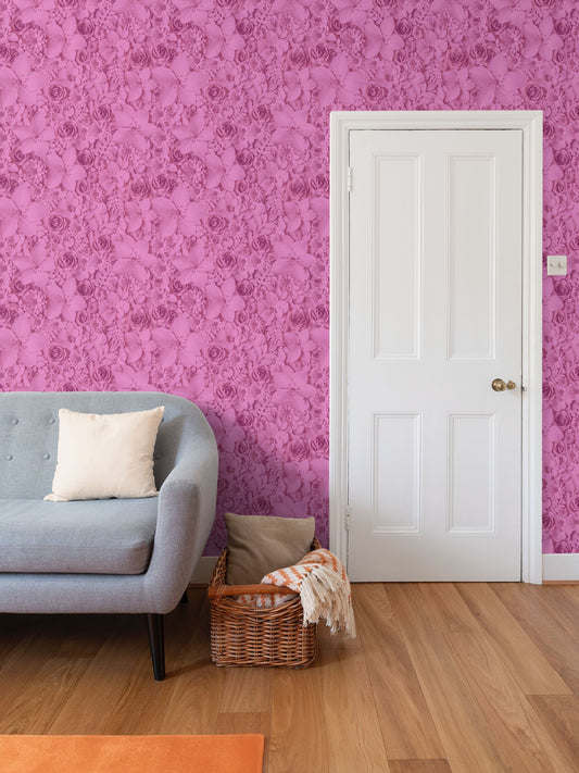 PAPER FLOWER GARDEN - REPEAT PATTERN WALLPAPER - FUSHIA TINT