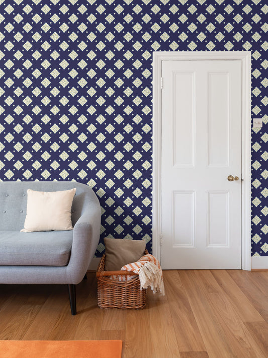 DAISY TRELLIS – MIDNIGHT BLUE - REPEAT PATTERN WALLPAPER