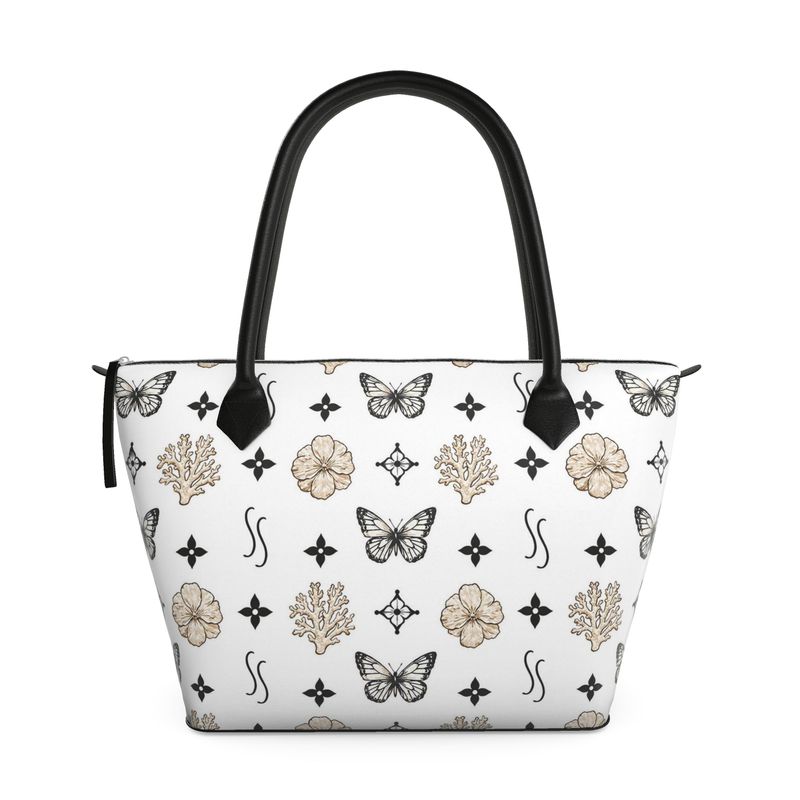 MOTIF ZIP TOP TOTE BAG - WHITE AND BLACK