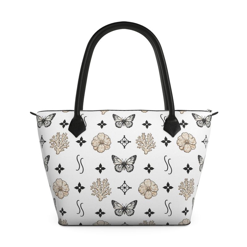 MOTIF ZIP TOP TOTE BAG - WHITE AND BLACK