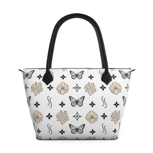 MOTIF ZIP TOP TOTE BAG - WHITE AND BLACK
