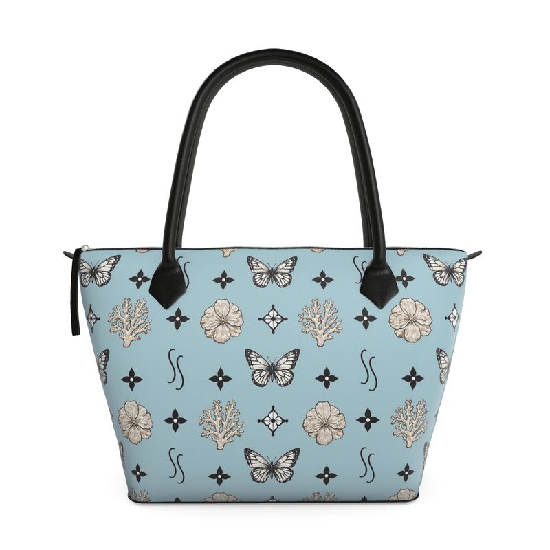 MOTIF ZIP TOP TOTE BAG - DUSTY GREY BLUE AND BLACK