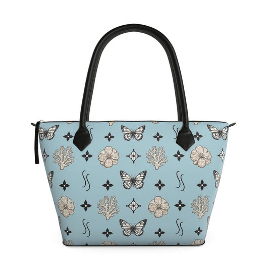 MOTIF ZIP TOP TOTE BAG - DUSTY GREY BLUE AND BLACK