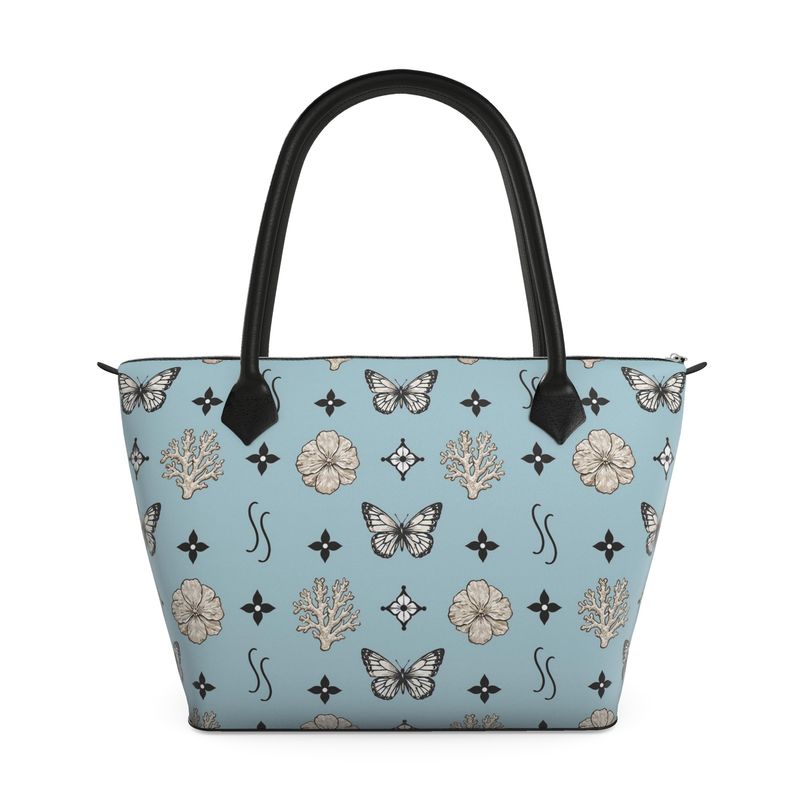 MOTIF ZIP TOP TOTE BAG - DUSTY GREY BLUE AND BLACK