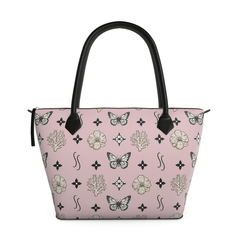 MOTIF ZIP TOP TOTE BAG - DUSTY PINK AND BLACK