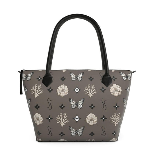 MOTIF ZIP TOP TOTE - DUSTY BROWN AND BLACK