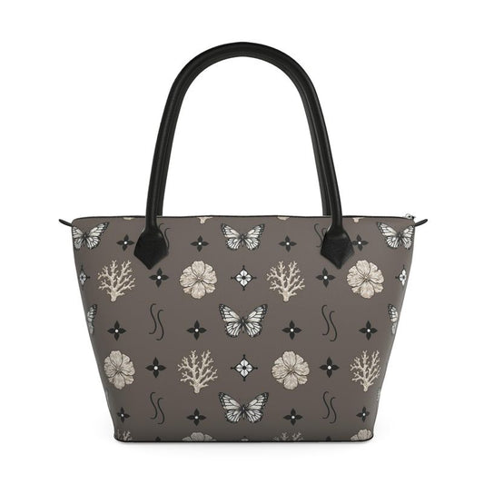 MOTIF ZIP TOP TOTE - DUSTY BROWN AND BLACK