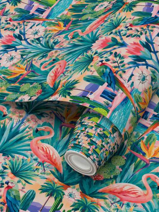 CALIFORNIA GARDEN - REPEAT PATTERN WALLPAPER - AQUA AND PINK