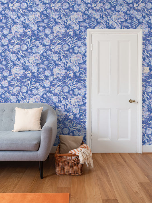 BIG FLORAL - REPEAT PATTERN WALLPAPER - BLUE