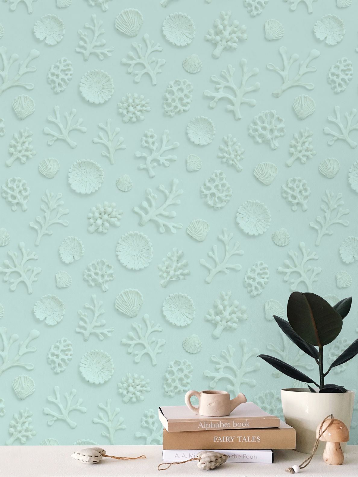 SHADOW CORAL - SEA GLASS - REPEAT PATTERN WALLPAPER