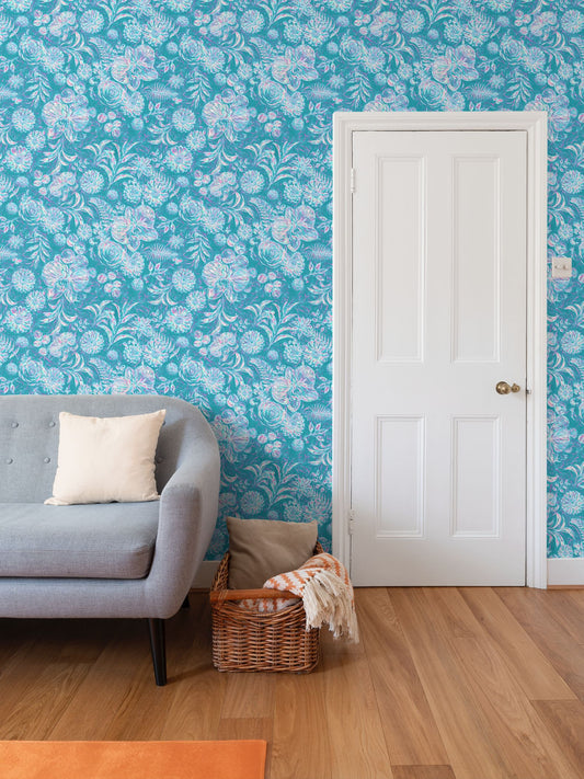 BIG FLORAL - REPEAT PATTERN WALLPAPER - DARK AQUA