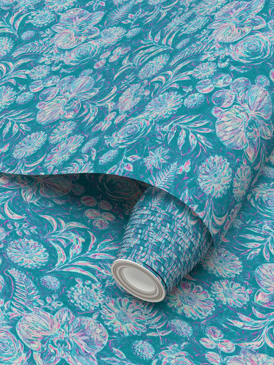 BIG FLORAL - REPEAT PATTERN WALLPAPER - DARK AQUA