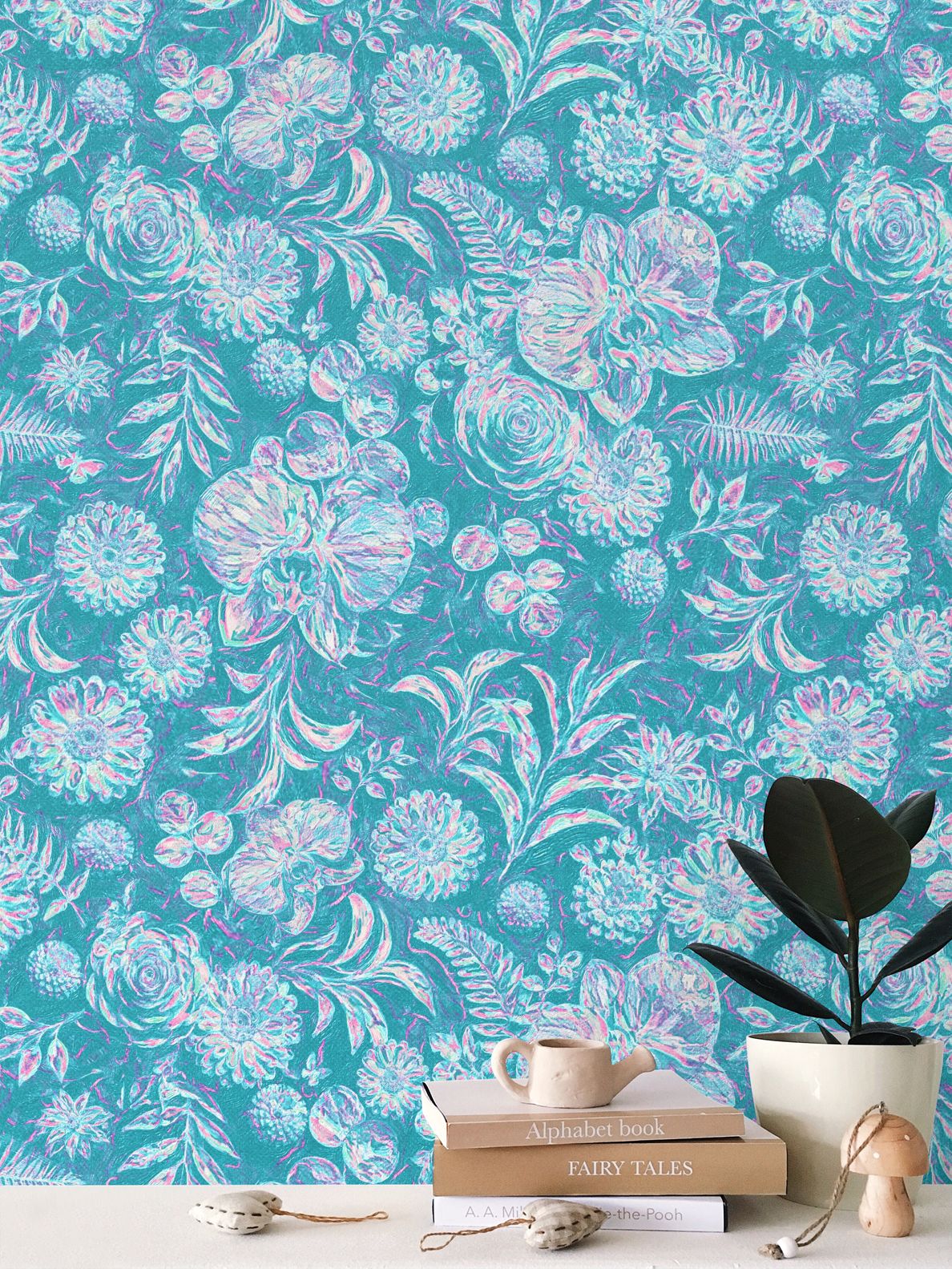 BIG FLORAL - REPEAT PATTERN WALLPAPER - DARK AQUA