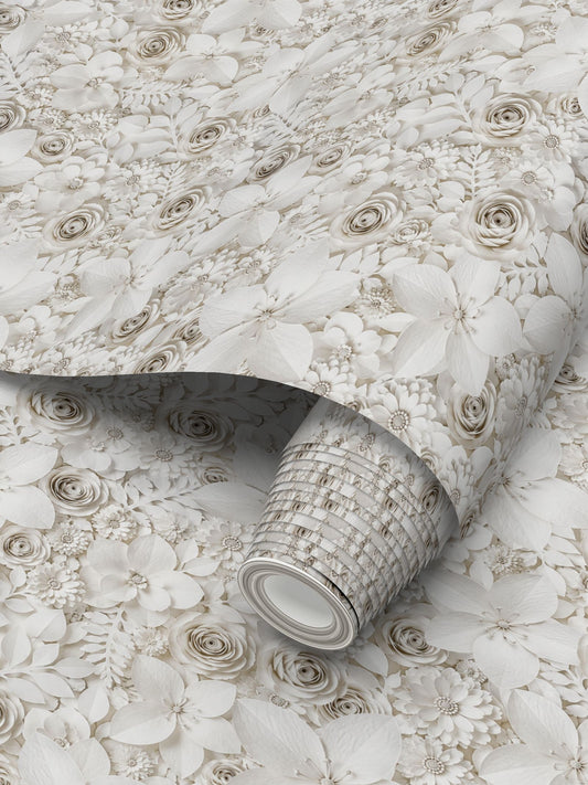 PAPER FLOWER GARDEN - REPEAT PATTERN WALLPAPER - WHITE
