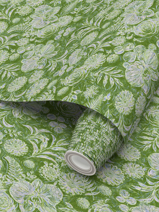 BIG FLORAL - REPEAT PATTERN WALLPAPER - OLIVE GREEN
