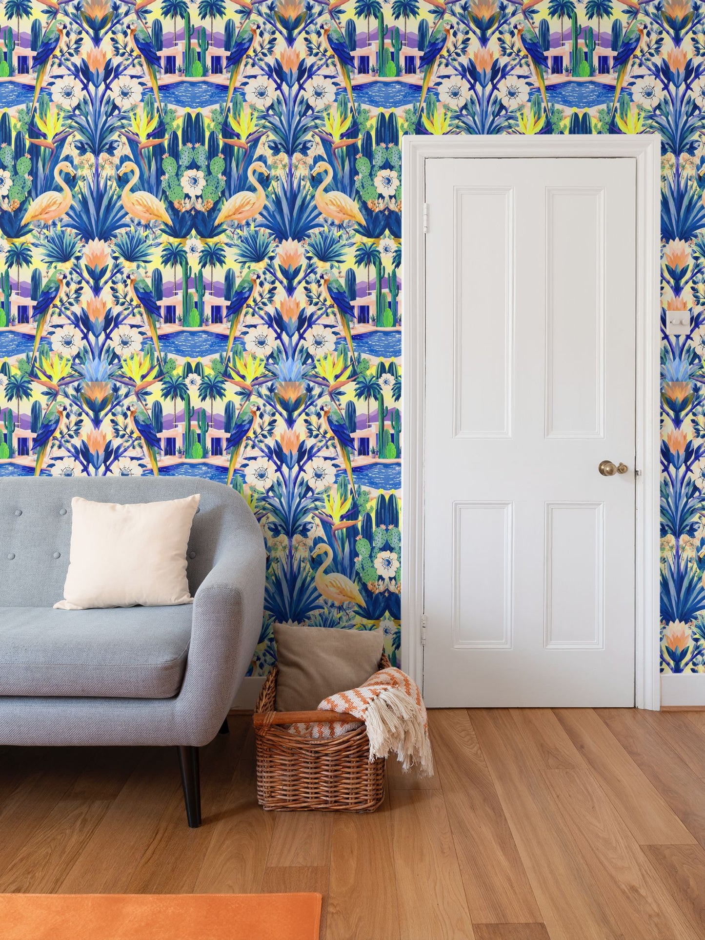 CALIFORNIA GARDEN - REPEAT PATTERN WALLPAPER - BLUE AND YELLOW