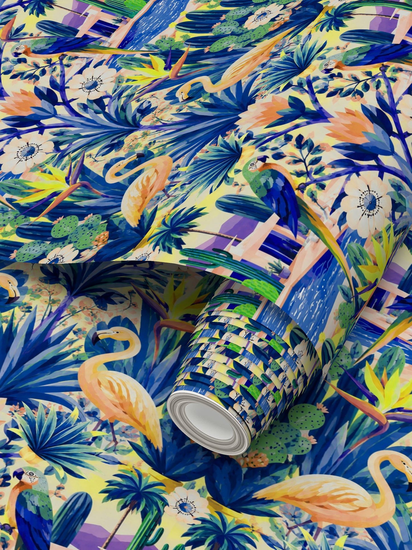 CALIFORNIA GARDEN - REPEAT PATTERN WALLPAPER - BLUE AND YELLOW