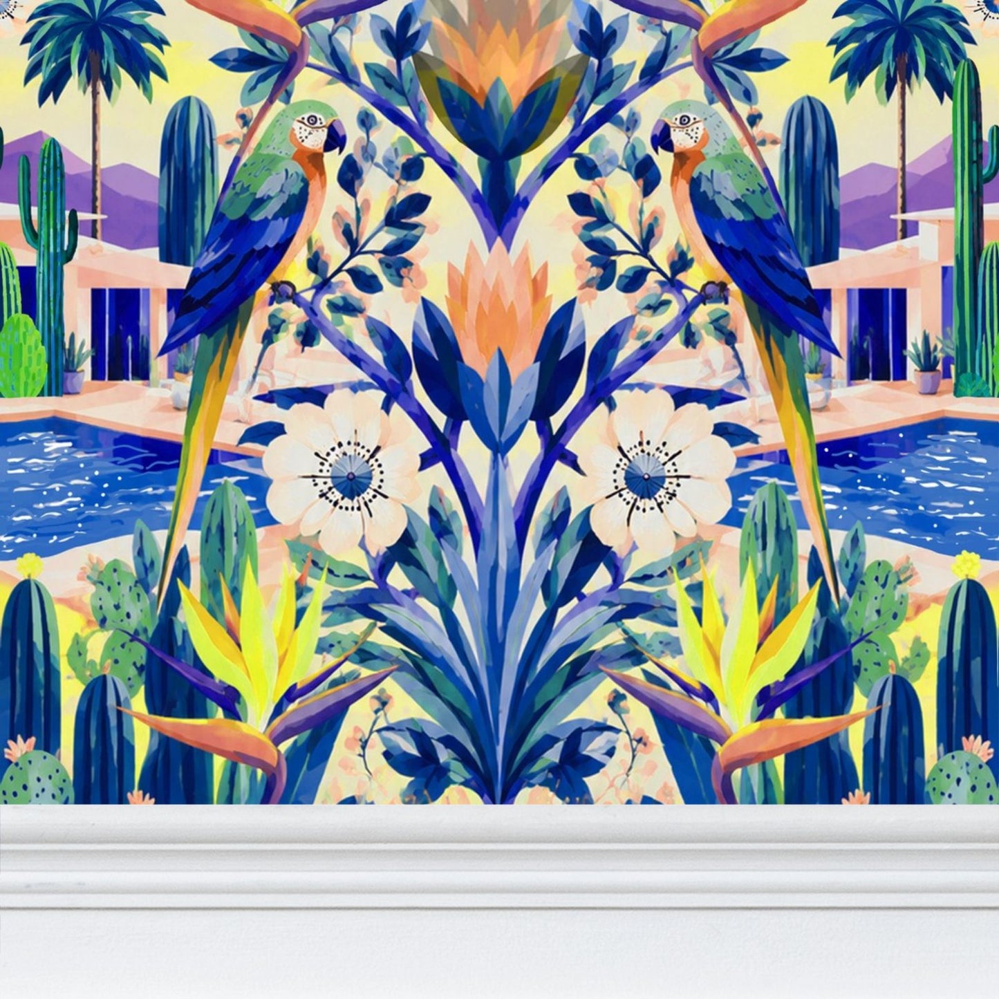 CALIFORNIA GARDEN - REPEAT PATTERN WALLPAPER - BLUE AND YELLOW