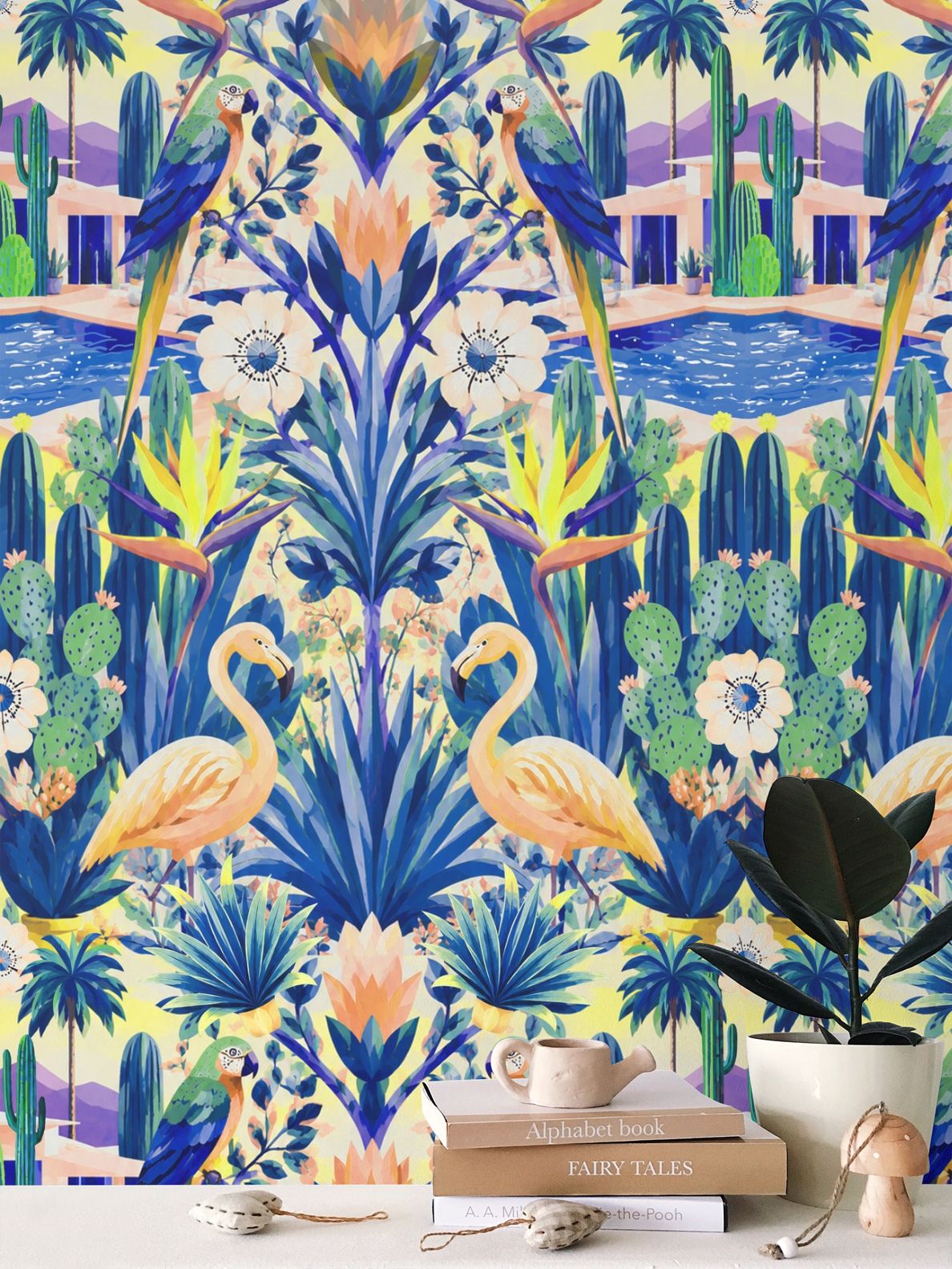 CALIFORNIA GARDEN - REPEAT PATTERN WALLPAPER - BLUE AND YELLOW