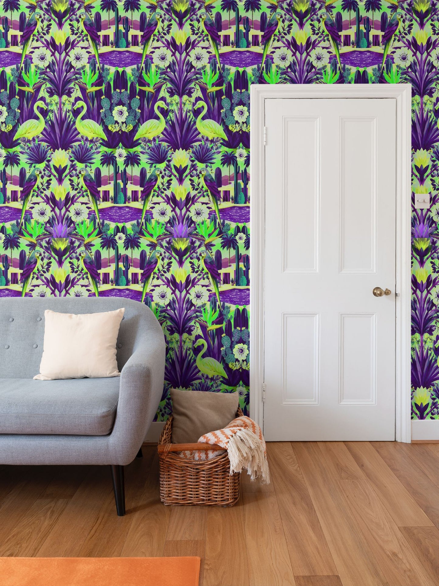 CALIFORNIA GARDEN - REPEAT PATTERN WALLPAPER - PURPLE AND LIME