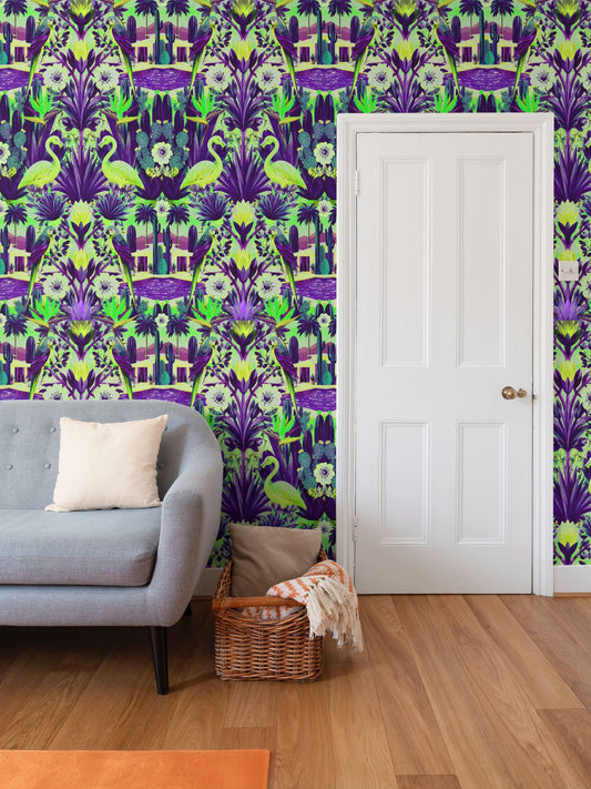 CALIFORNIA GARDEN - REPEAT PATTERN WALLPAPER - PURPLE AND LIME