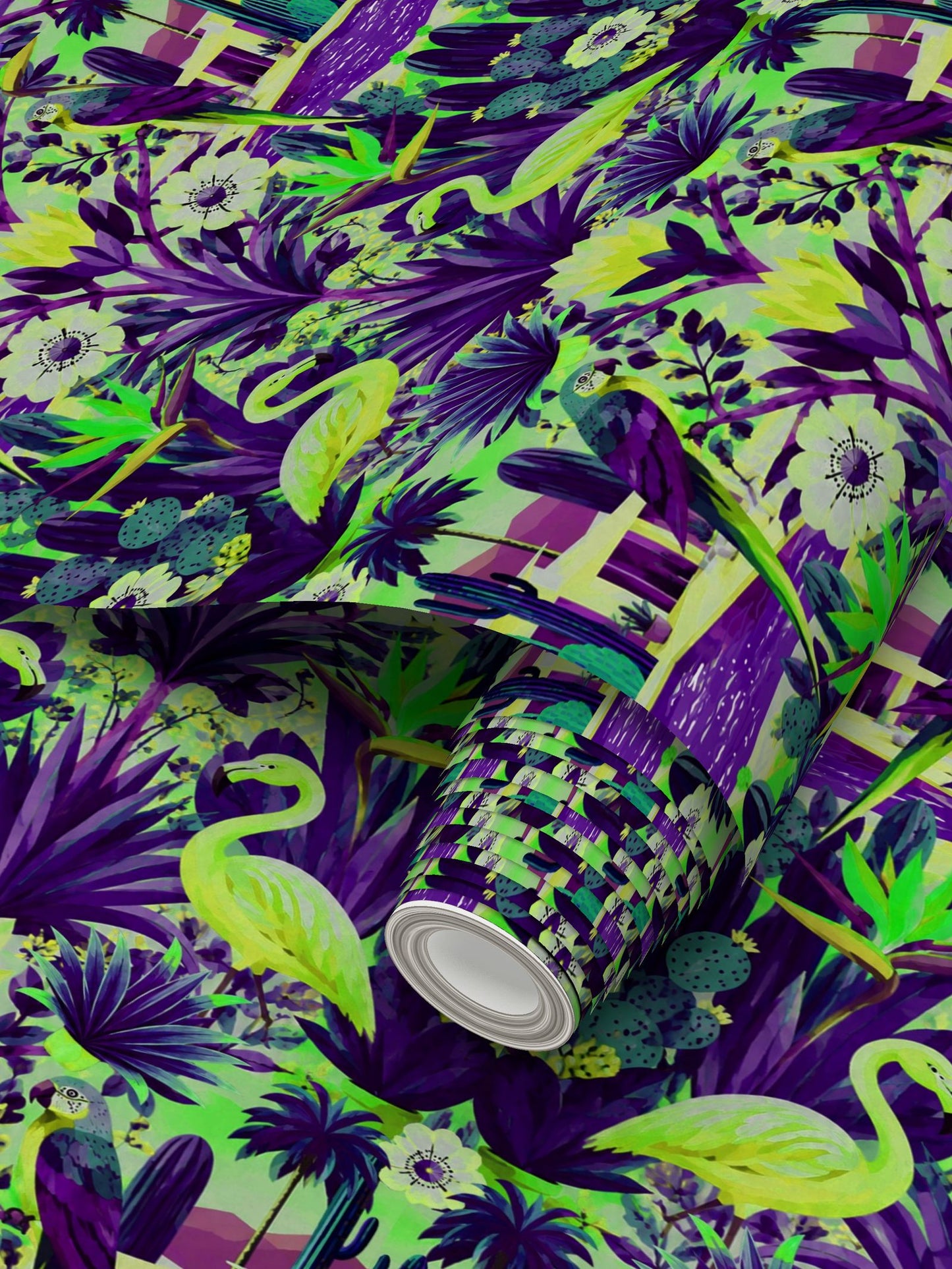 CALIFORNIA GARDEN - REPEAT PATTERN WALLPAPER - PURPLE AND LIME