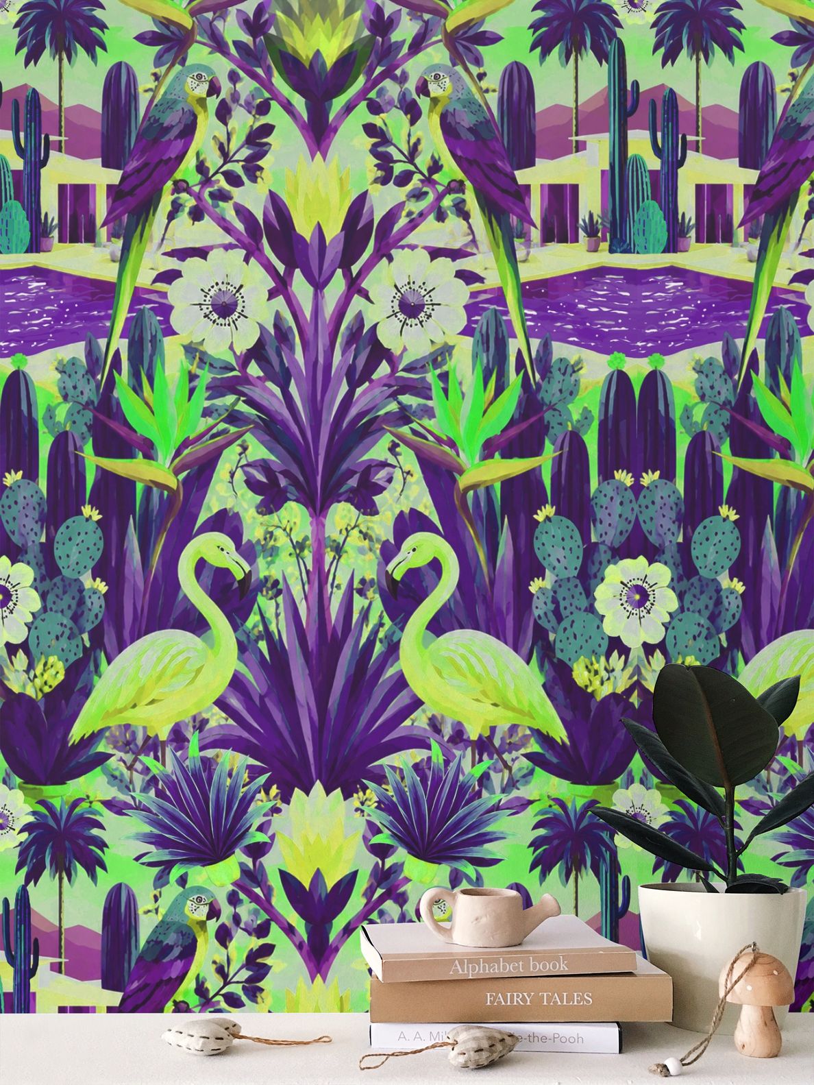 CALIFORNIA GARDEN - REPEAT PATTERN WALLPAPER - PURPLE AND LIME