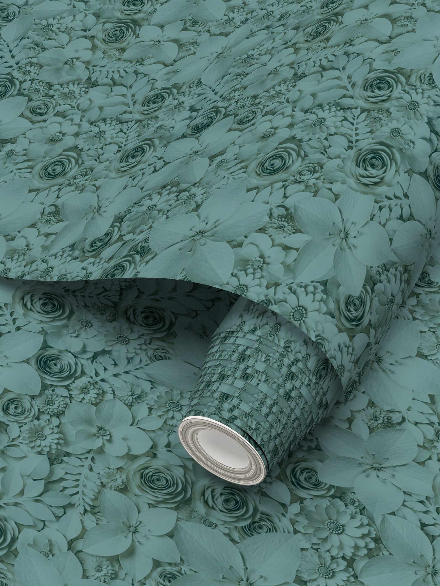 PAPER FLOWER GARDEN - REPEAT PATTERN WALLPAPER - TEAL TINT