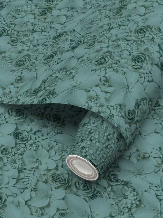 PAPER FLOWER GARDEN - REPEAT PATTERN WALLPAPER - TEAL TINT