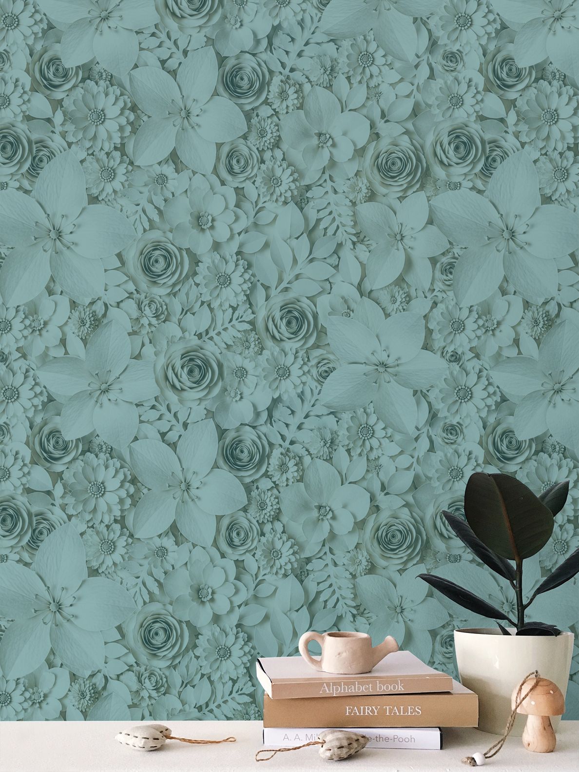 PAPER FLOWER GARDEN - REPEAT PATTERN WALLPAPER - TEAL TINT