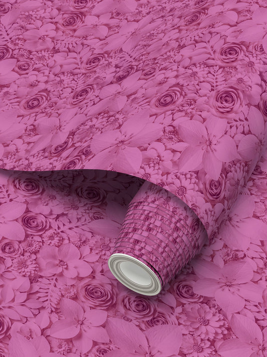 PAPER FLOWER GARDEN - REPEAT PATTERN WALLPAPER - FUSHIA TINT