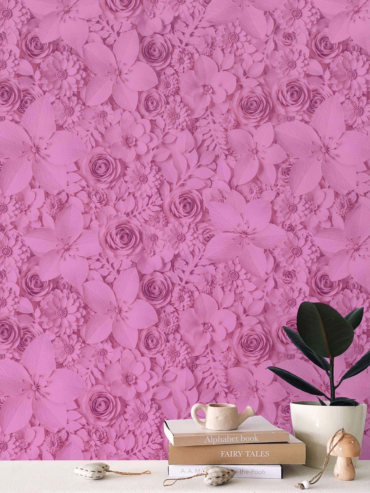 PAPER FLOWER GARDEN - REPEAT PATTERN WALLPAPER - FUSHIA TINT
