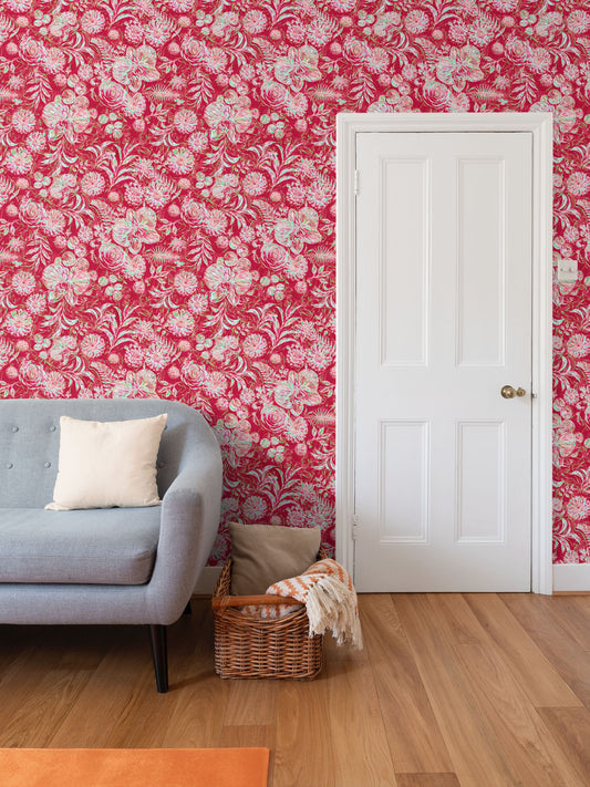 BIG FLORAL - REPEAT PATTERN WALLPAPER - SCARLET
