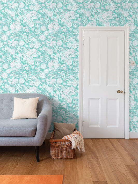 BIG FLORAL - REPEAT PATTERN WALLPAPER - AQUA