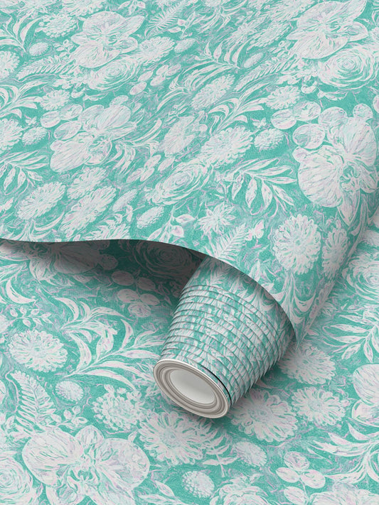 BIG FLORAL - REPEAT PATTERN WALLPAPER - AQUA