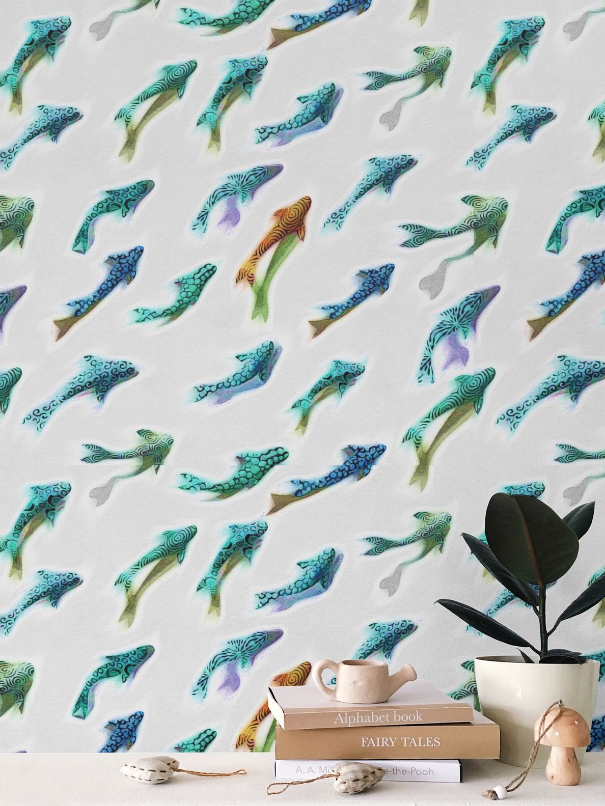 THE ODD ONE OUT - AQUA AND ORANGE - REPEAT PATTERN WALLPAPER