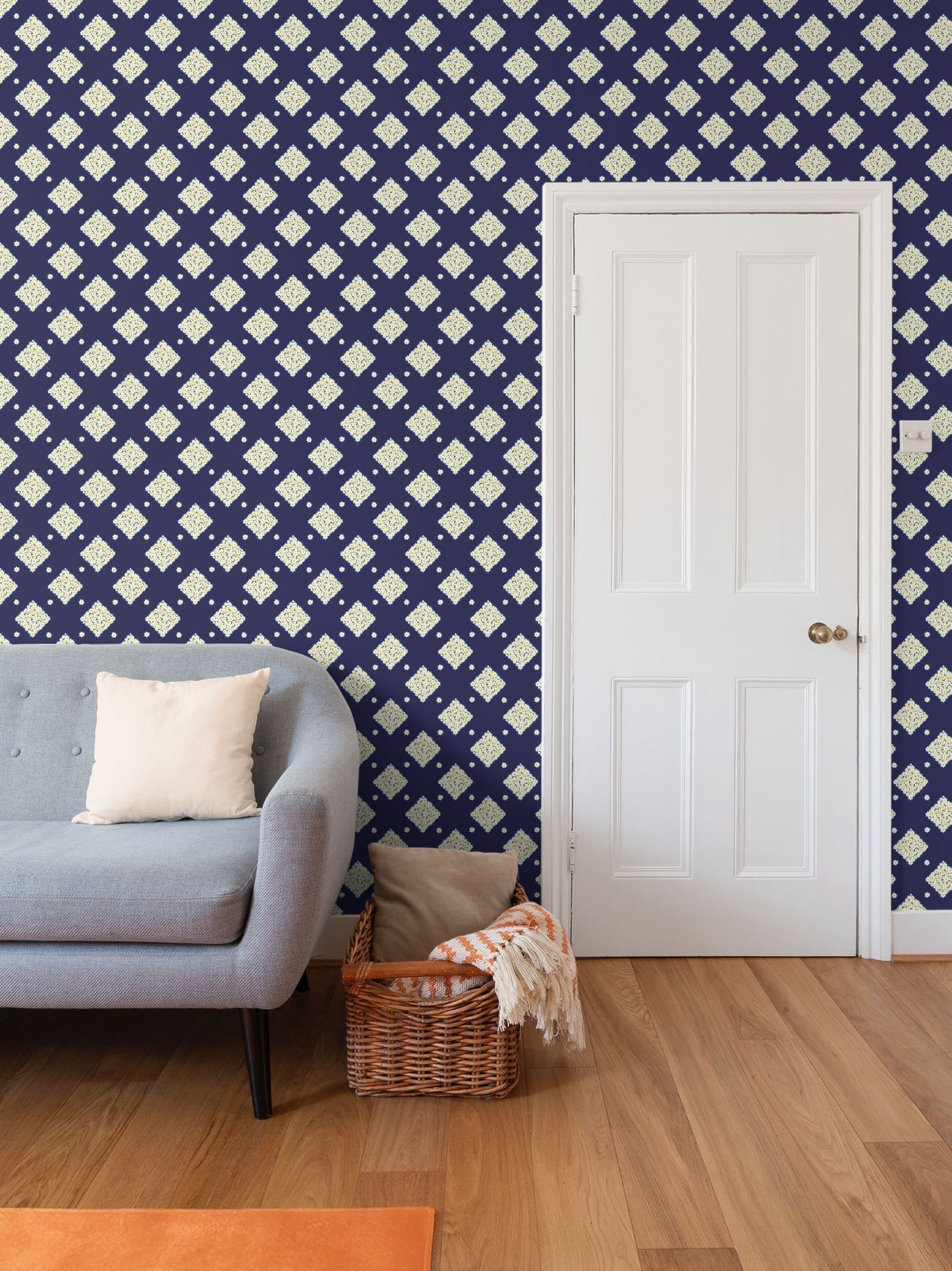 DAISY TRELLIS – MIDNIGHT BLUE - REPEAT PATTERN WALLPAPER
