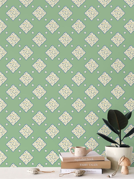 DAISY TRELLIS - WILLOW GREEN - REPEAT PATTERN WALLPAPER