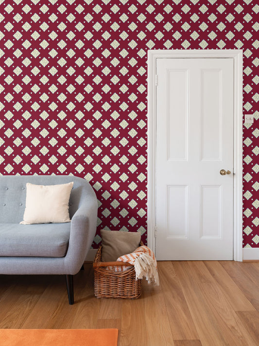 DAISY TRELLIS - BURGUNDY BLOOM - REPEAT PATTERN WALLPAPER
