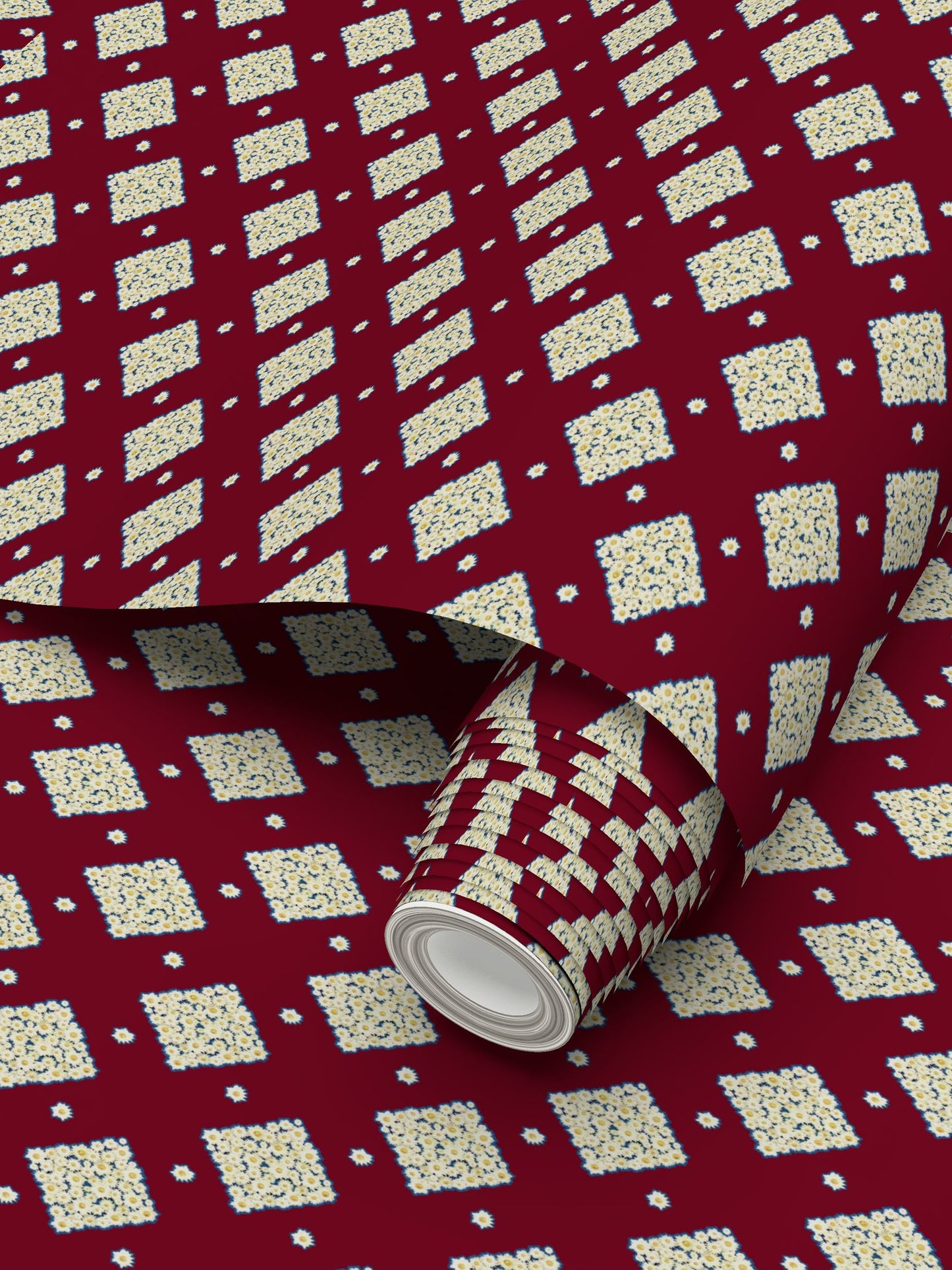 DAISY TRELLIS - BURGUNDY BLOOM - REPEAT PATTERN WALLPAPER