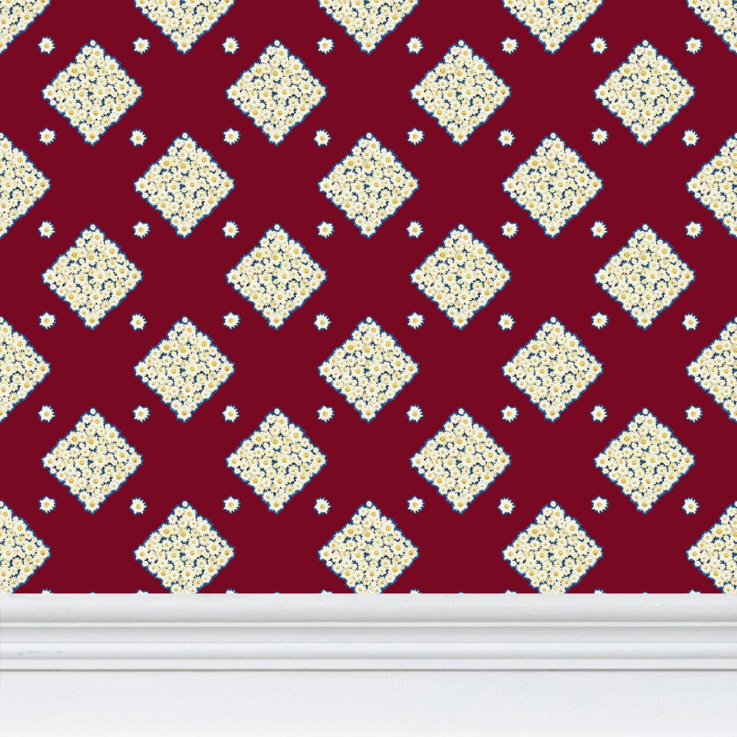 DAISY TRELLIS - BURGUNDY BLOOM - REPEAT PATTERN WALLPAPER