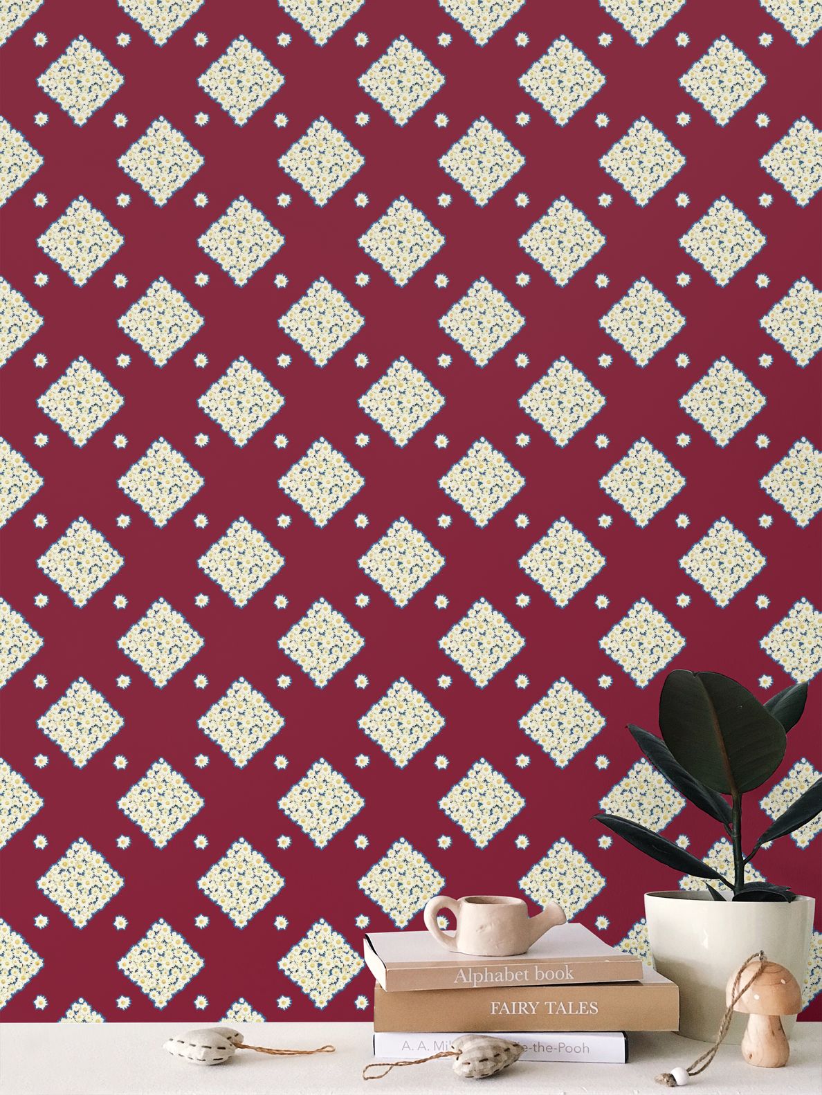 DAISY TRELLIS - BURGUNDY BLOOM - REPEAT PATTERN WALLPAPER