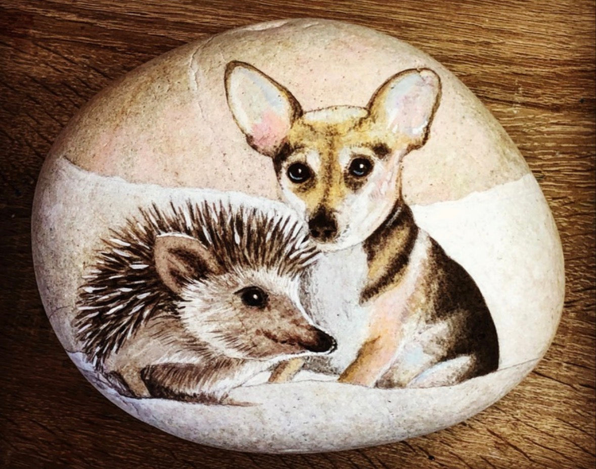 COMMISSIONED DOG & HEDGEHOG PORTRAIT ON STONE